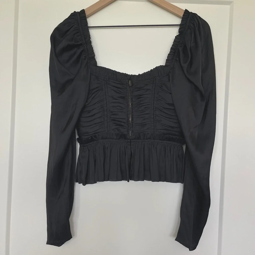 Ulla Johnson Mia Blouse Sz 0 Black Plisse Satin Bustier Puff Sleeve Pleated Sexy